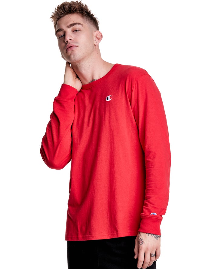 Champion Long-Sleeve Lightweight C Logo Erkek Tişört Kırmızı ( TKPHGM751 )